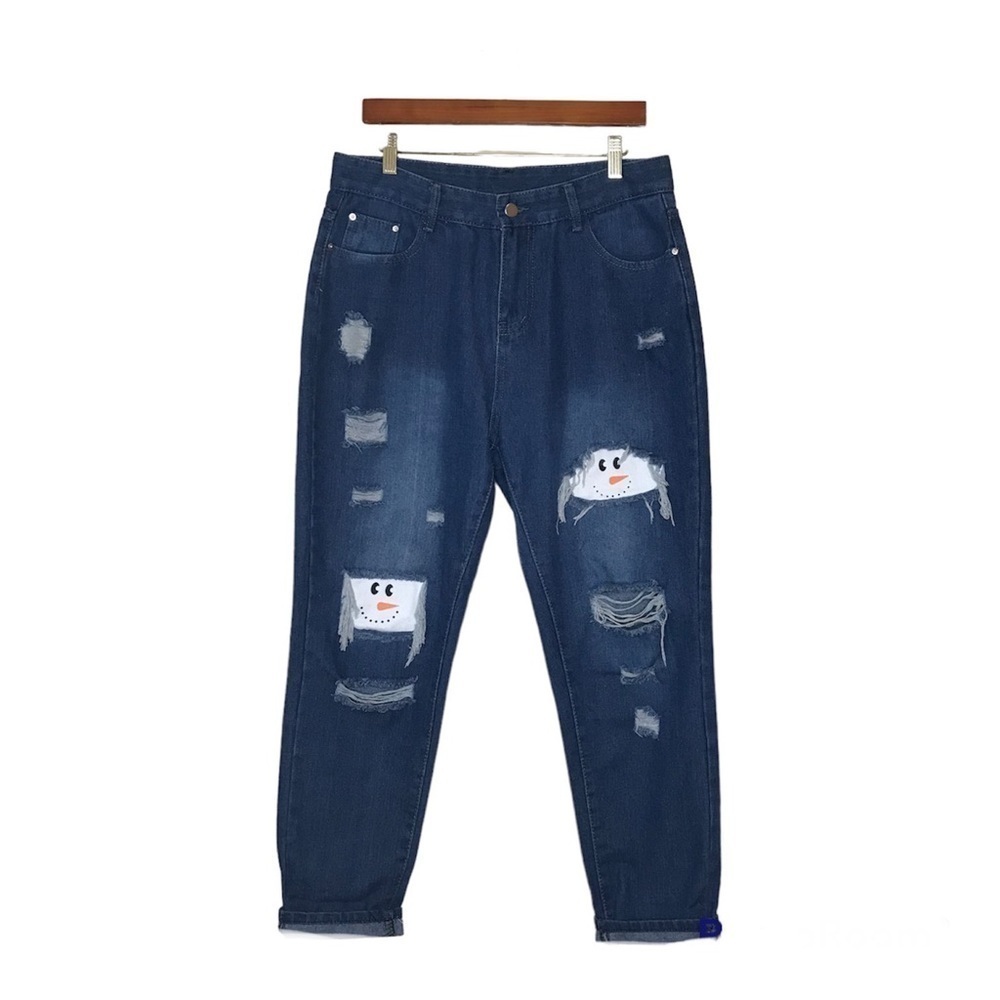 Womens Dark Wash Jeans Size L Snowman Patch Distressed Winter Cotton Unbranded